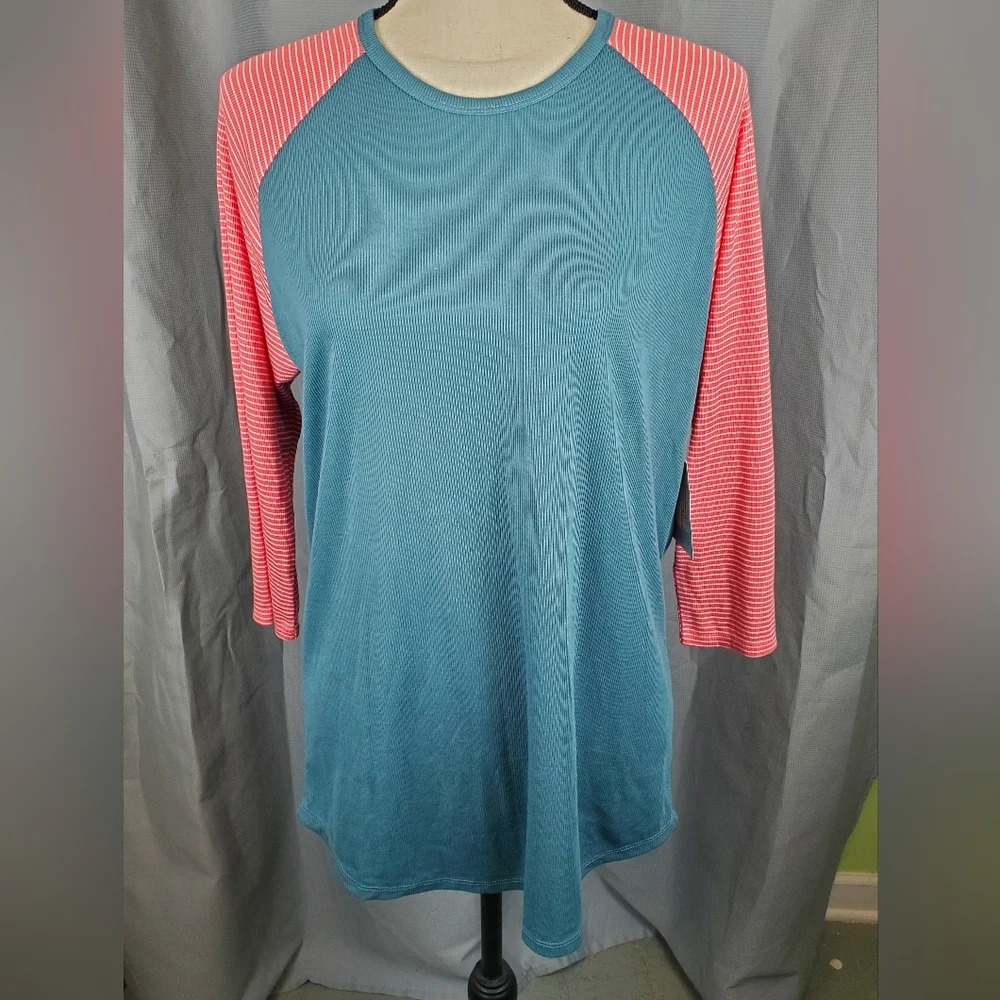 Lularoe Randy, NWT blueish green with red and white striped sleeves, size L